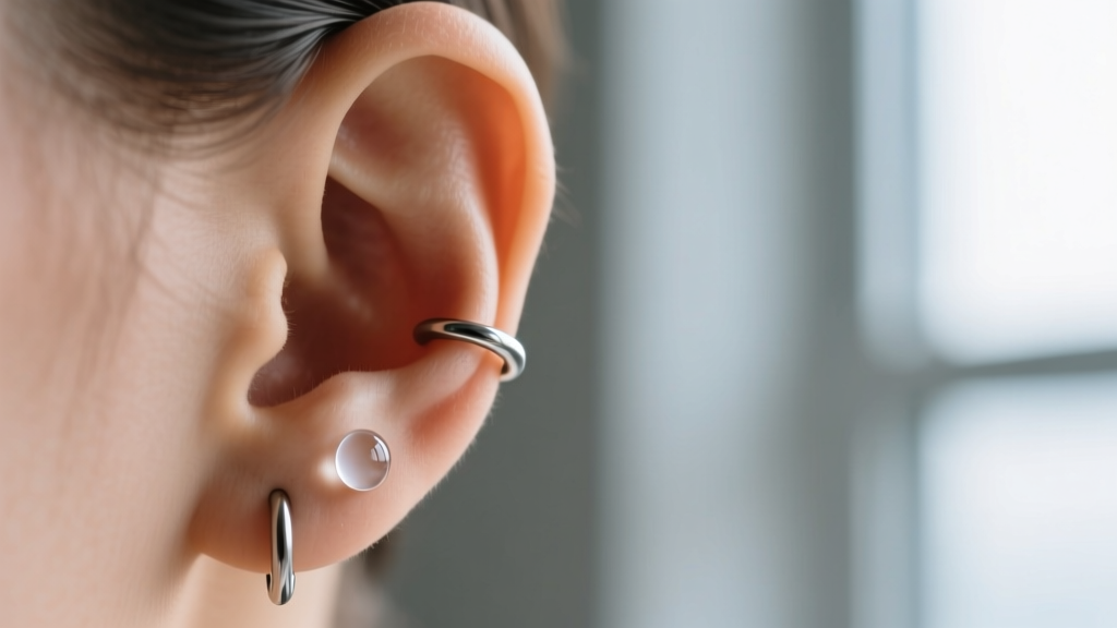 Side profile of an ear showing a 16-gauge titanium helix hoop with a droplet of sterile saline solution on the cartilage