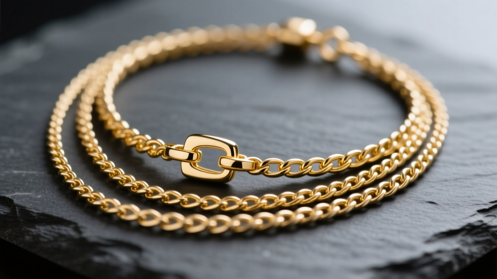 Close-up of a 14k gold-filled multi-strand necklace layer clasp holding three delicate chains, resting on a dark slate surface