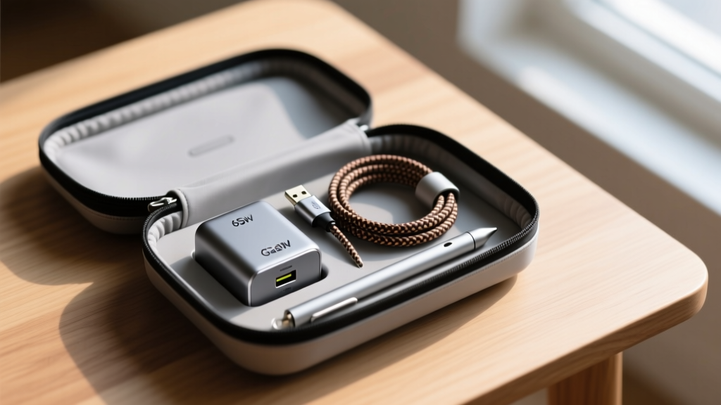 Overhead view of a travel organizer containing a compact 65W GaN charger, a braided USB-C cable, and a magnetic stylus holder.