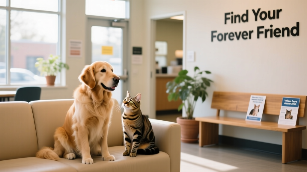 A friendly dog and cat sitting side-by-side in a bright, clean adoption center waiting area