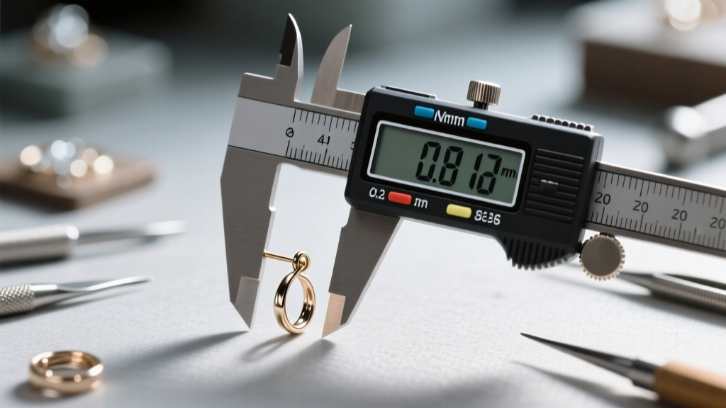 Close-up of digital calipers measuring a 0.81mm 20-gauge titanium earring post against a softly blurred jewelry workbench.