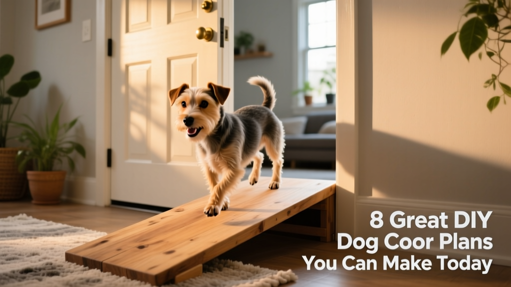 Small terrier confidently stepping through a fold-down wooden ramp integrated into a standard interior door