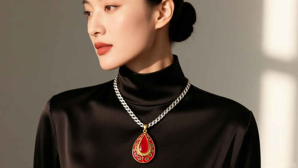 Woman wearing a red and gold cloisonne teardrop pendant on a thick 2mm sterling silver wheat chain over a dark silk blouse