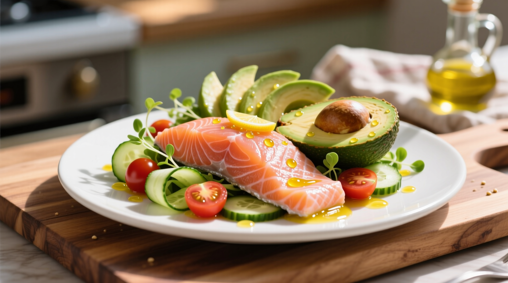 Salmon and avocado salad with olive oil dressing