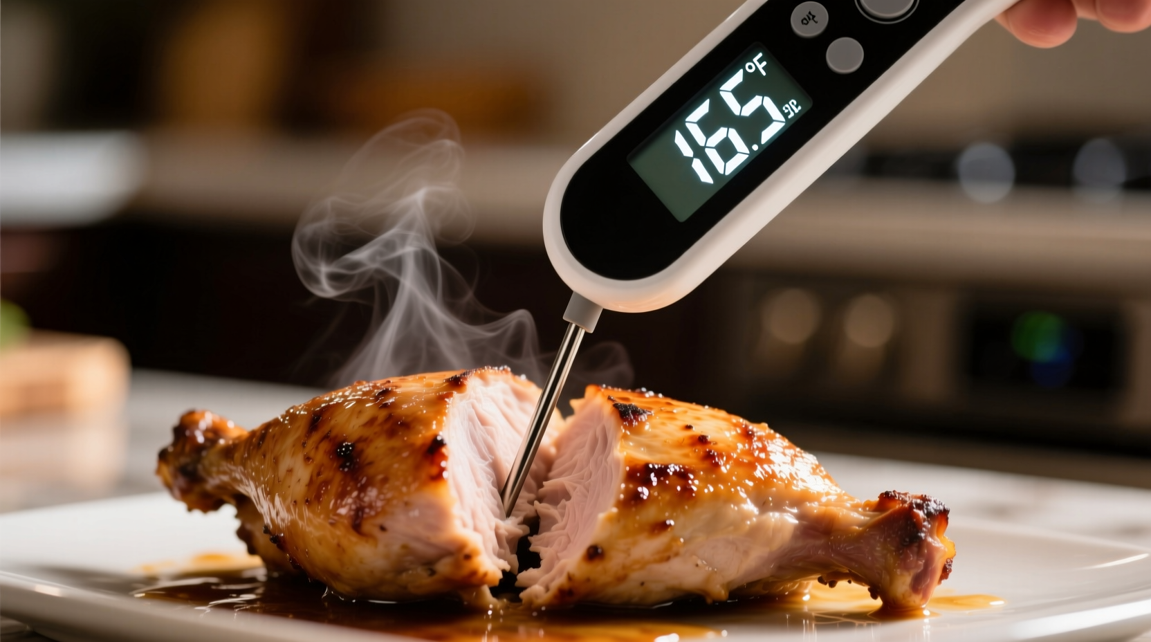 Digital food thermometer showing 165 degrees in chicken breast