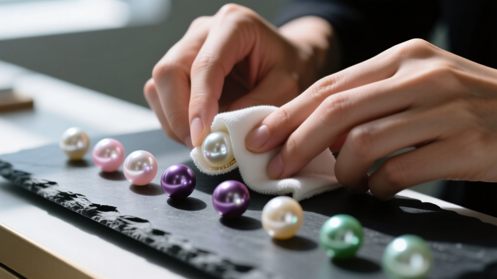 Jewelers hands wiping creamy Tahitian pearls with a damp microfiber cloth on a dark slate bench, soft natural window light, macro