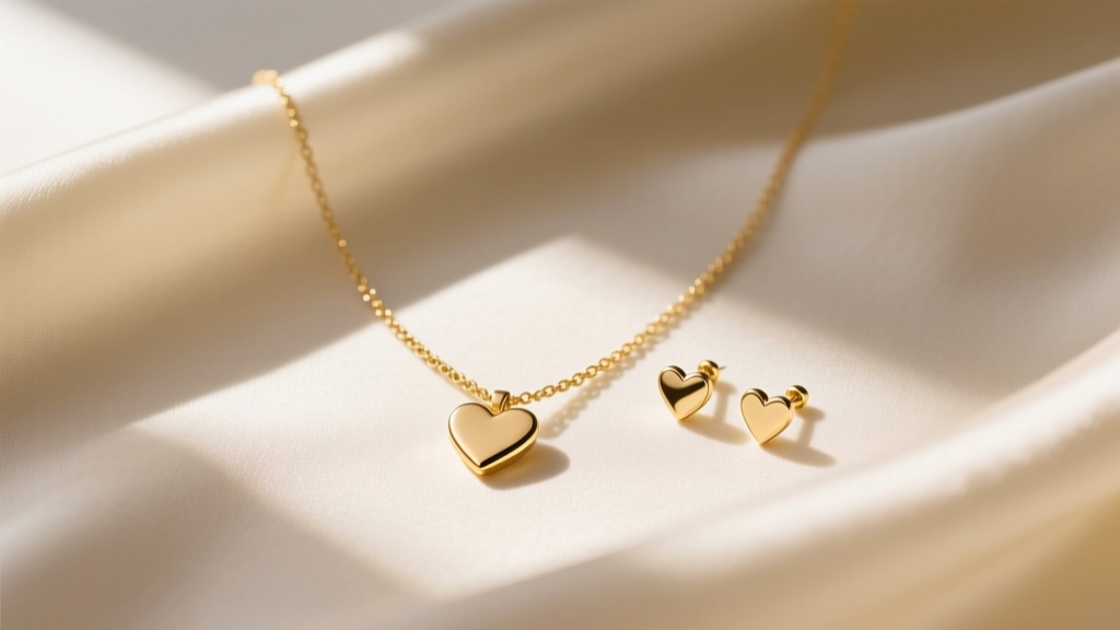 Flat lay of a delicate 14k gold heart necklace and matching small heart stud earrings on a cream silk fabric, soft morning light