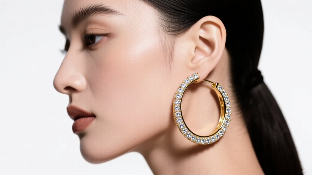Close-up profile of a model wearing 50mm 14k white gold large hoop earrings with diamonds in continuous pavé setting, studio lighting.