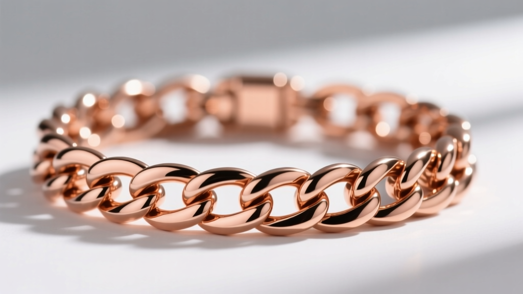 Macro shot of a polished 14k rose gold chain bracelet highlighting warm copper tones and a pristine, scratch-free metal surface.