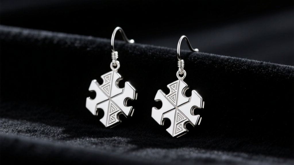Sterling silver Millennium Puzzle drop earrings on black velvet, highlighting deep engravings and a bright polished finish.