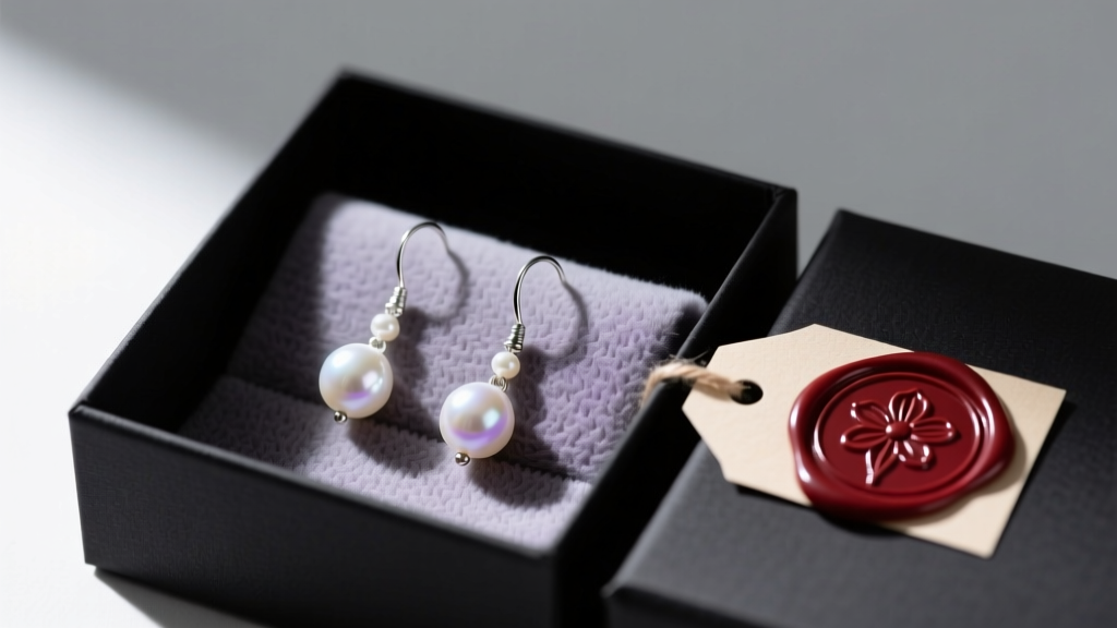 Open matte black box revealing handmade pearl dangle earrings on anti-tarnish microfiber padding next to a wax seal gift tag.