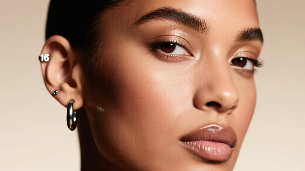 Profile of a model wearing a 16-gauge 1-inch titanium hoop earring in a healed helix piercing under soft, warm studio lighting