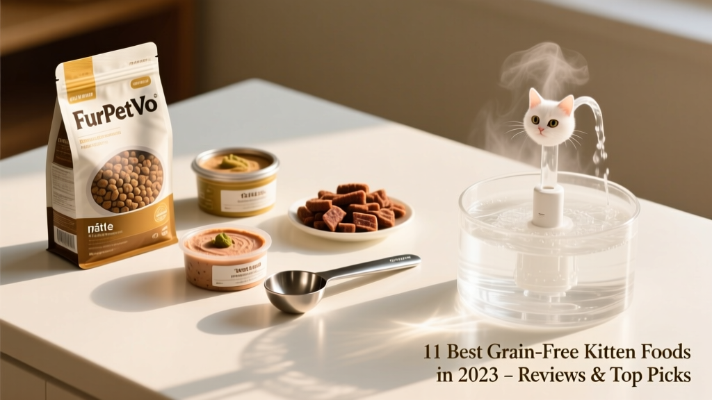 Side-by-side comparison of FurPetVo dry kibble, wet pate, and freeze-dried raw bites arranged on a clean white surface with a measuring scoop and kitten water fountain