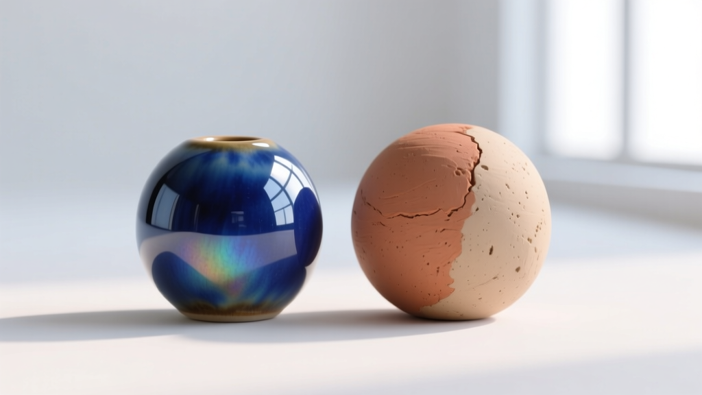 Macro shot comparing a glossy kiln-fired ceramic bead next to a matte, unsealed air-dry clay bead under bright studio lighting.