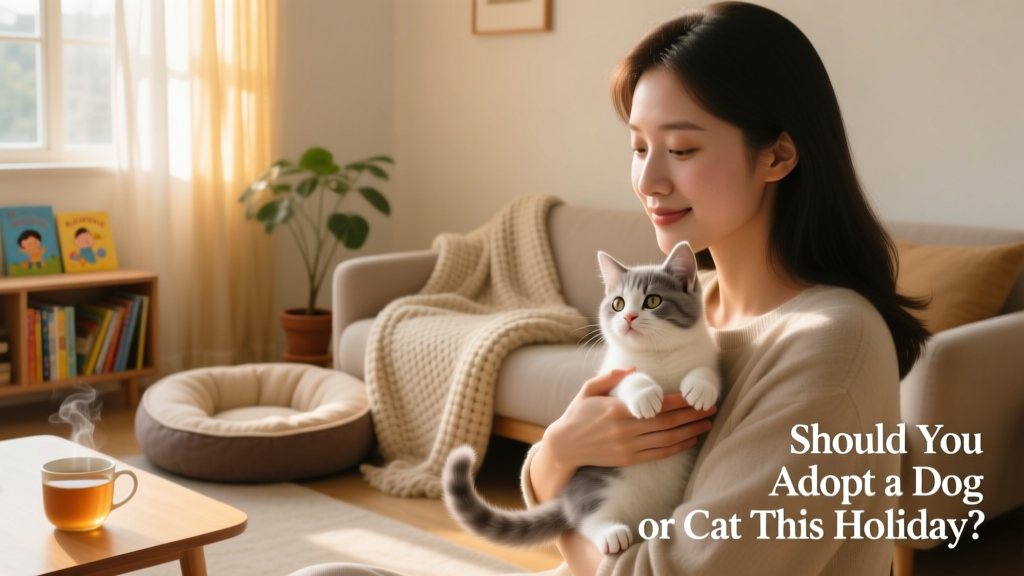 A person gently holding a kitten while preparing a cozy, safe space with a soft bed and quiet corner—ideal for a newly fostered pet