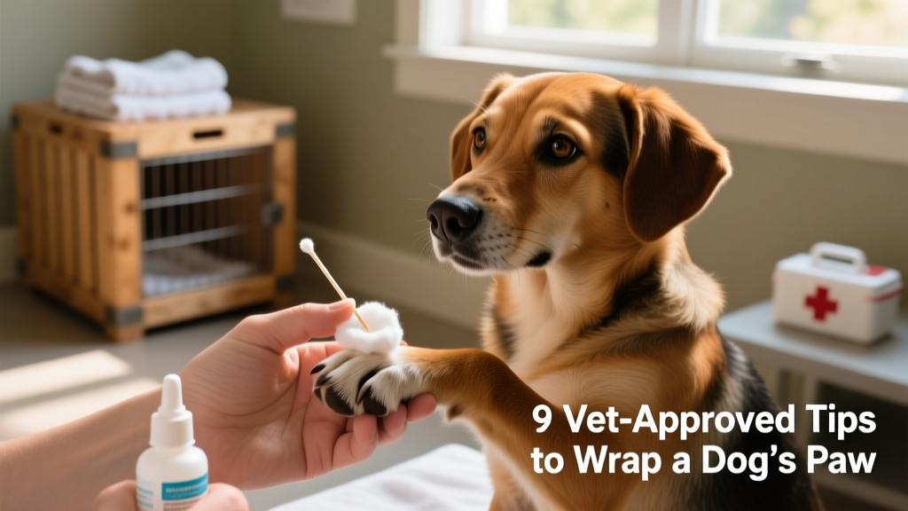 Hand holding a dog's paw while applying antiseptic with a cotton swab