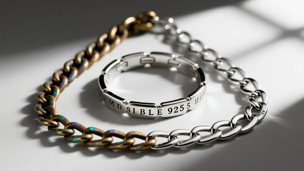 Close-up of three mood necklace chains: tarnished brass, polished 316L surgical steel, and a stamped 925 sterling silver link