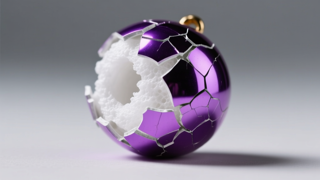 Close-up of a broken polystyrene Mardi Gras bead revealing the white core beneath the flaking metallic purple vacuum coating