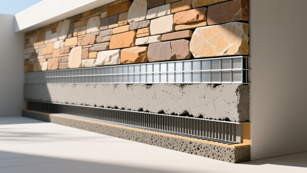 Cross-section diagram of a stone veneer wall showing weep screed, metal lath, mortar scratch coat, and natural stone pieces