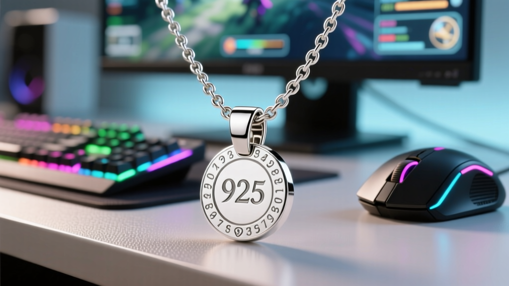 Macro shot of a silver necklace clasp showing the 925 hallmark stamp, contrasted against a blurred background of a gaming setup.