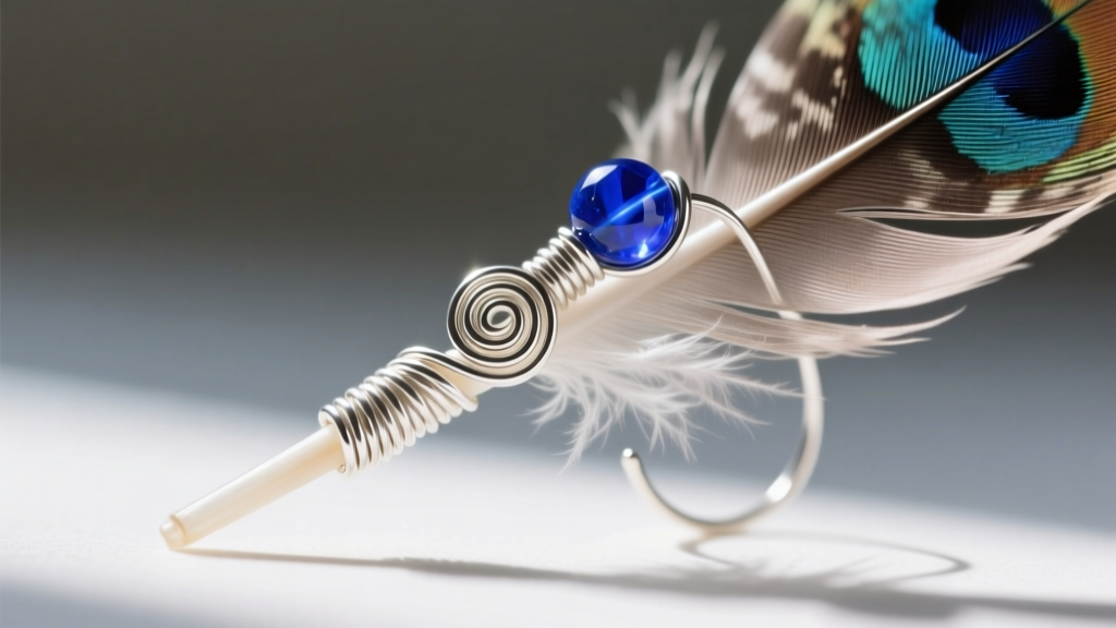 Close-up of wire-wrapping a pheasant feather quill with silver wire to secure a lapis bead, highlighting durable earring design.