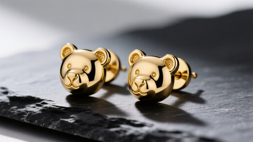 Close-up of 18k yellow gold Tous bear stud earrings on dark slate, showing engraved snout and matte finish details in soft light.