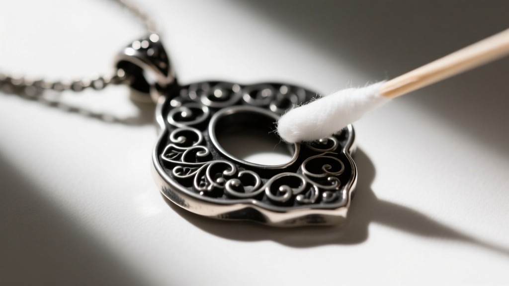 Top-down view of an oxidized blackened silver pendant cleaned with a cotton swab to preserve the dark recessed metal details.