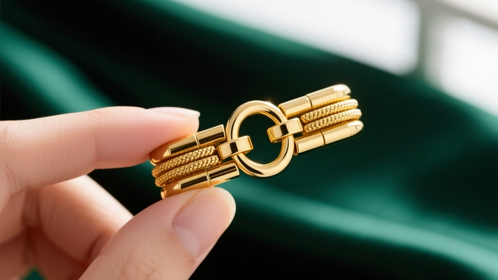 Macro shot of 14k gold multi-strand tube clasp with secure locking mechanism, held between fingers against a blurred silk background