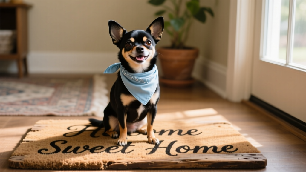 A happy Chihuahua wearing a bandana, sitting beside a welcome mat with 'Home Sweet Home' written on it