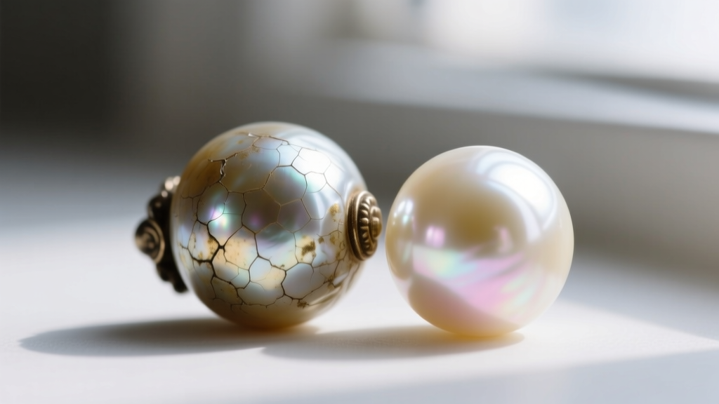 Macro shot of an oxidized, matte-finish Victorian pat pearl beside a bright Akoya pearl, highlighting surface texture.