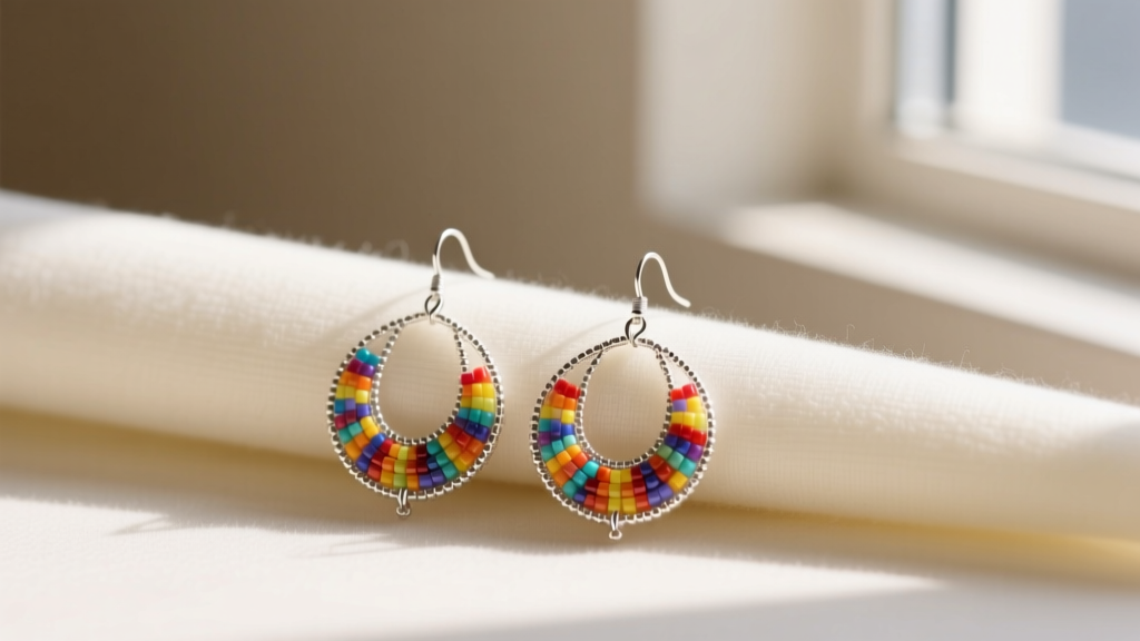Handmade beaded dangle earrings on a microfiber cloth, showing Miyuki seed bead weaving and delicate sterling silver wire.