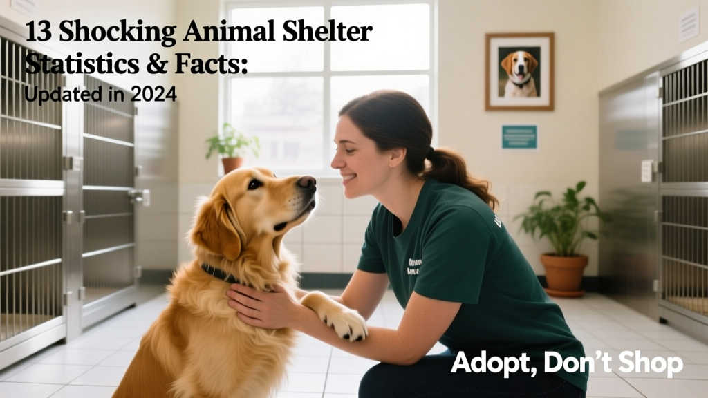 Volunteer gently petting a dog in a clean, well-lit animal shelter kennel
