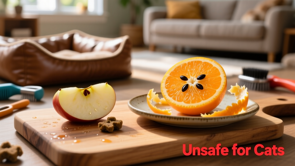 Side-by-side comparison: safe cat treat (like a small piece of apple) vs. orange segment with peel and seeds clearly marked as unsafe