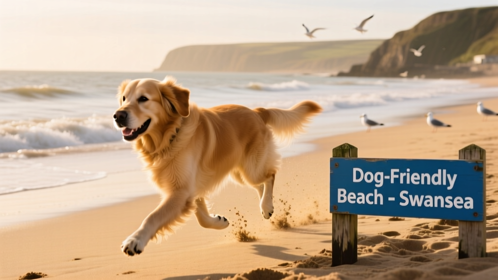 A dog running along a sandy, sunlit beach in Swansea Bay with gentle waves rolling in.