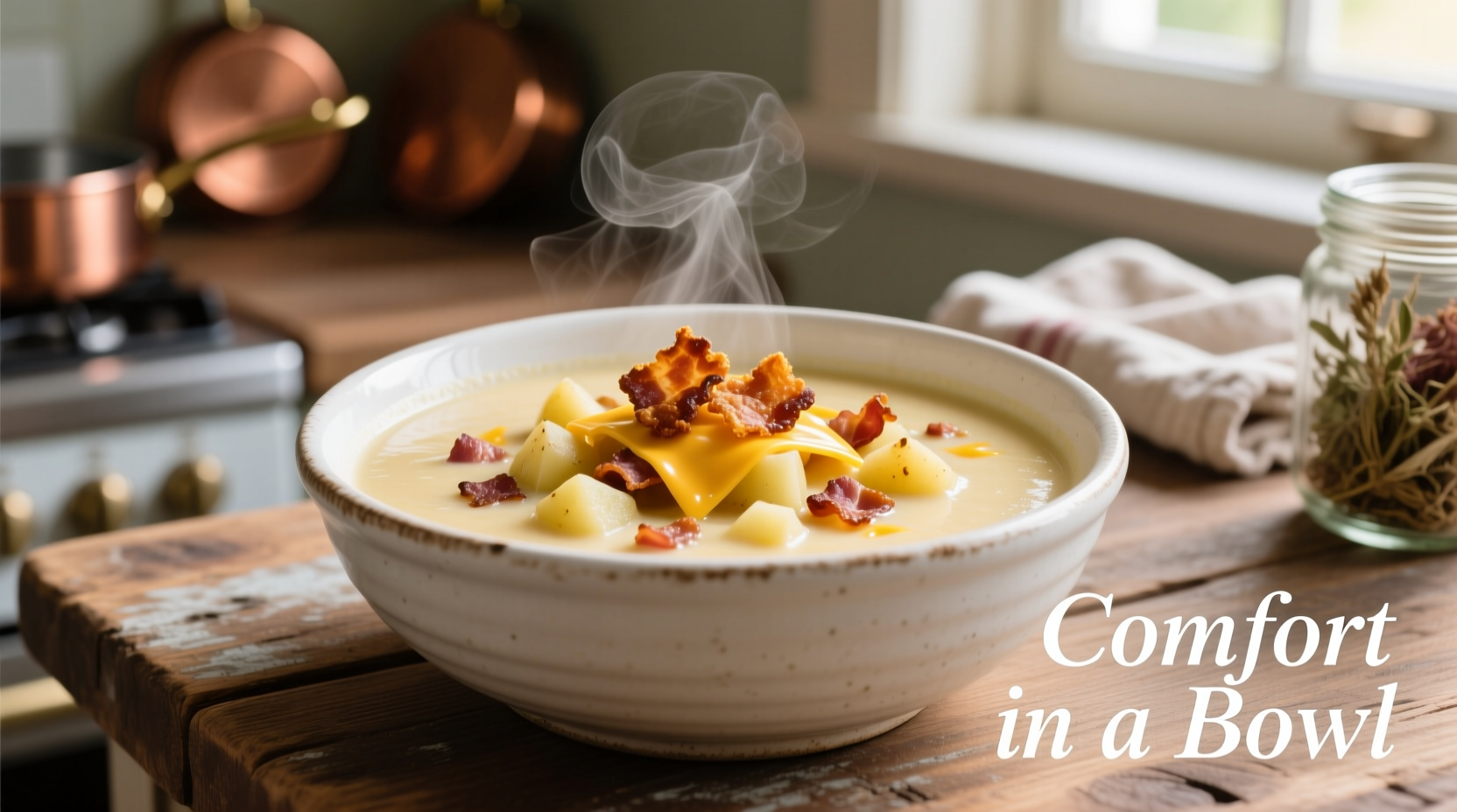 Creamy potato bacon cheddar soup in white bowl