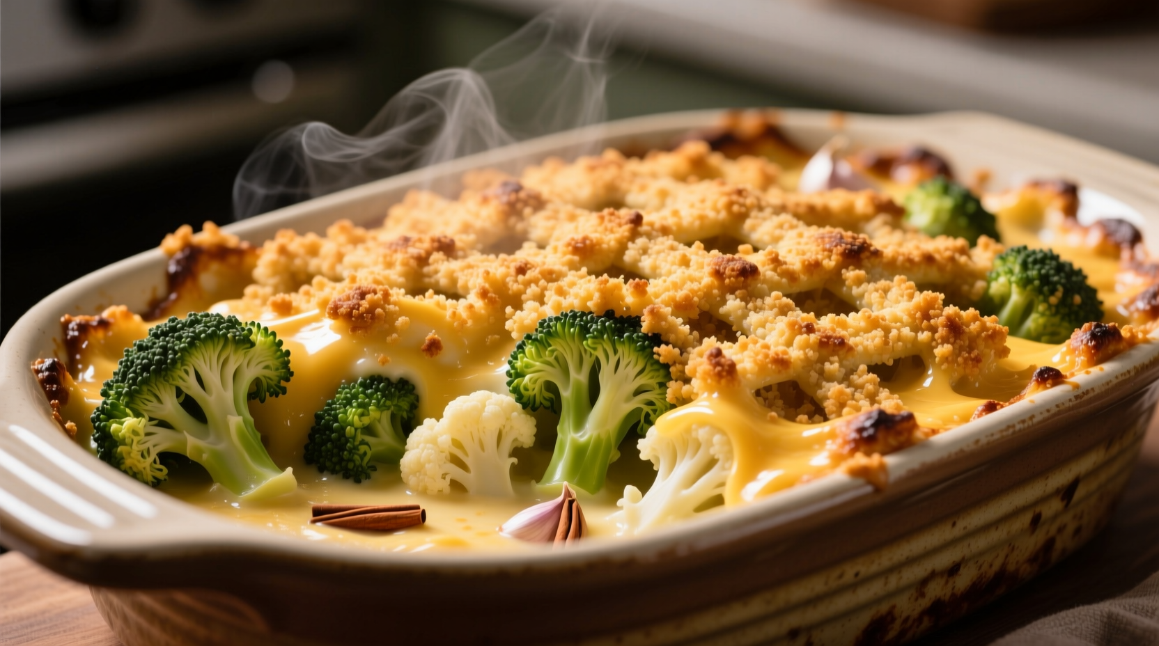 Golden broccoli cauliflower cheese casserole with crispy topping