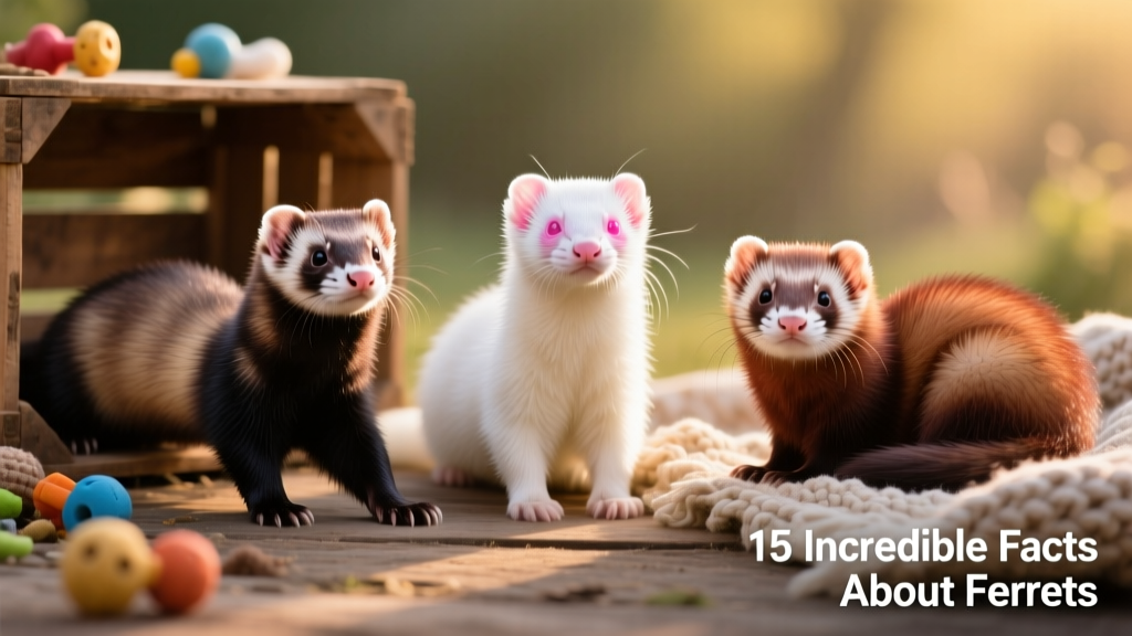 Side-by-side comparison of three ferrets showing distinct coat colors: sable, albino, and cinnamon, highlighting genetic diversity