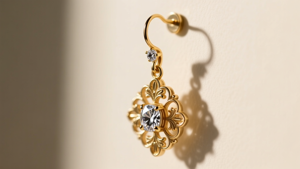 Side profile of a Victorian drop earring with a new 14k gold leverback ear wire replacing the damaged original shepherd hook wire