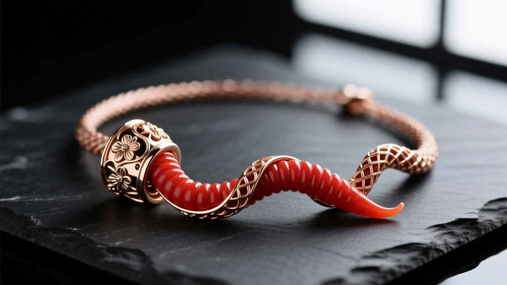 Macro shot of an 18k rose gold and red coral cornicello necklace on dark slate, highlighting the twisted shape and ornate cap.
