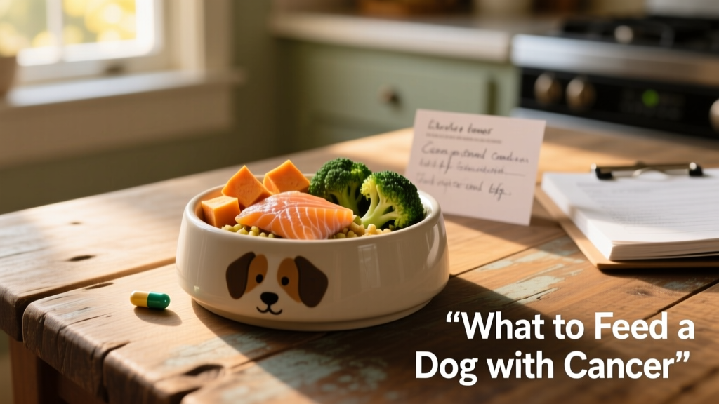A close-up of a dog’s bowl containing a balanced homemade meal with salmon, sweet potato, broccoli, and a small supplement capsule