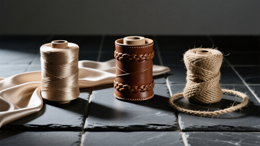 Waxed nylon, silk, braided leather, and hemp cord spools arranged on a dark slate tile under bright directional studio lighting.