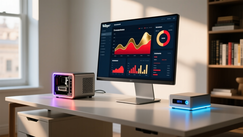A sleek home office desk featuring a custom mini-ITX NAS server, a glowing UPS battery backup, and a monitor displaying Italian e-commerce analytics.