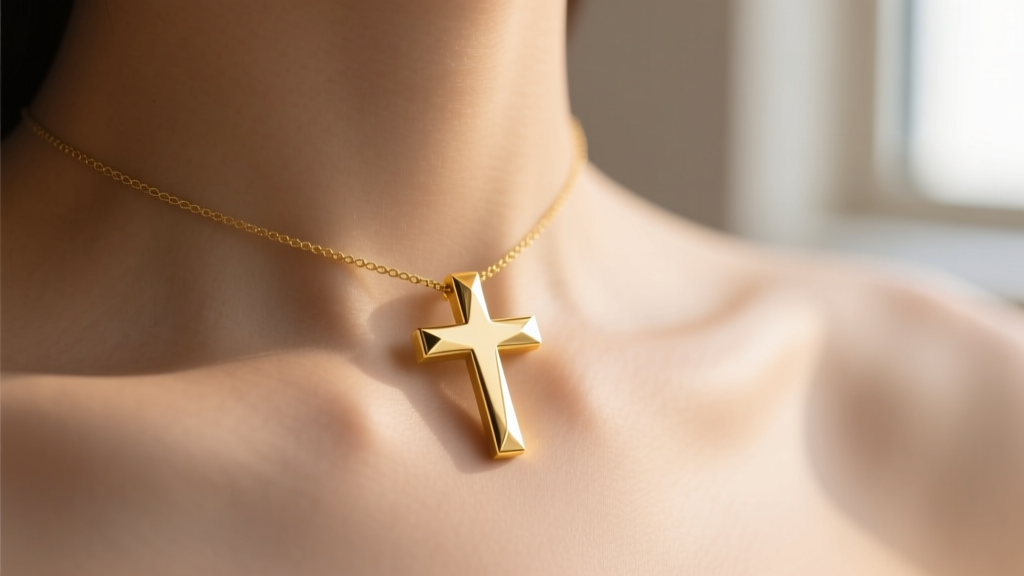 Close-up of a minimalist 14k yellow gold horizontal cross pendant resting on a collarbone, lit by soft natural window light.