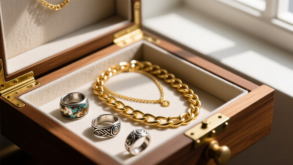 Open wooden jewelry drawer lined with anti-tarnish cloth holding oxidized silver rings and heavy gold chain necklaces.