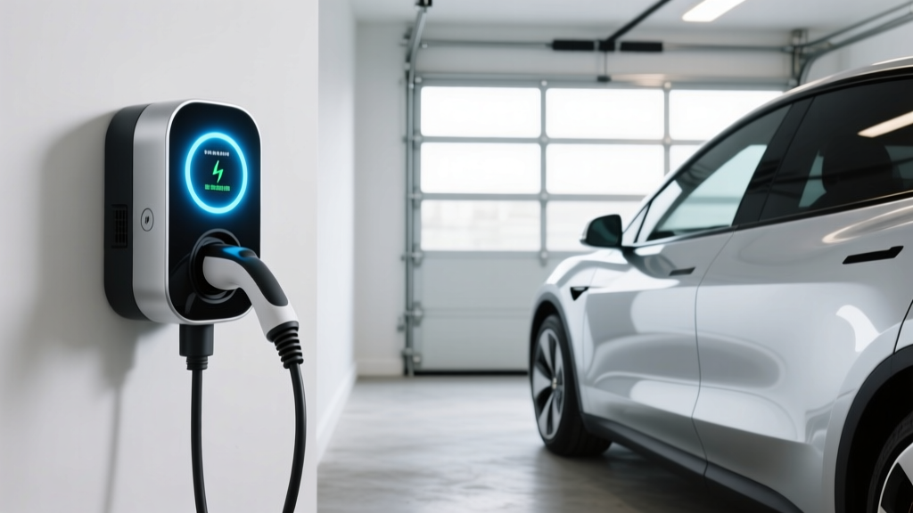 Smart EV wall charger in a garage next to an electric vehicle, glowing LED ring indicating off-peak sustainable charging status.