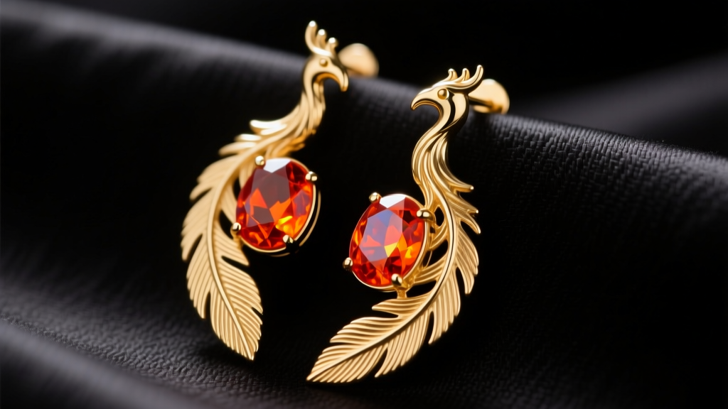 Macro shot of 14k gold phoenix drop earrings with fire opal gems, soft lighting highlighting feather textures against dark velvet