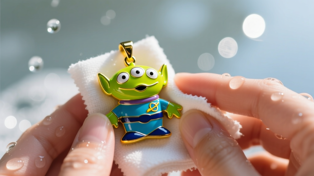 Hands wiping a colorful enamel Toy Story alien pendant with a damp microfiber cloth, soapy water blurred in the background.