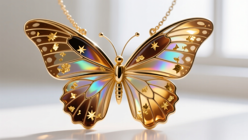 Macro shot of huge butterfly necklace wing with UV resin over brass, showing gold leaf flakes and a high-gloss reflective finish.