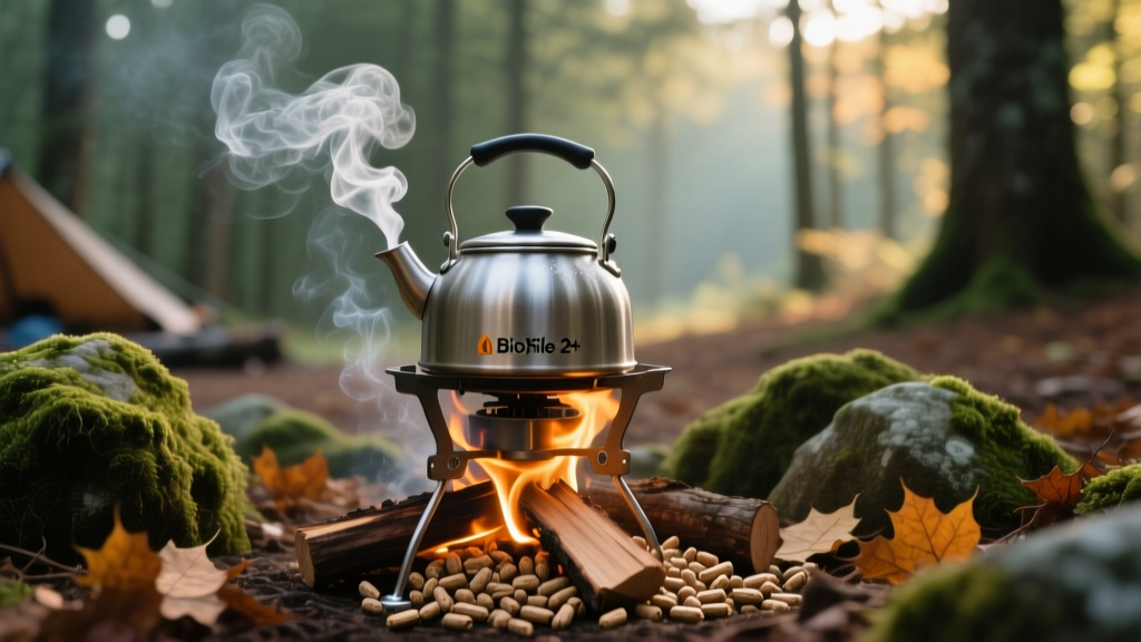 A BioLite CampStove 2+ burning wood pellets at a remote forest campsite, with a stainless steel kettle steaming on top.