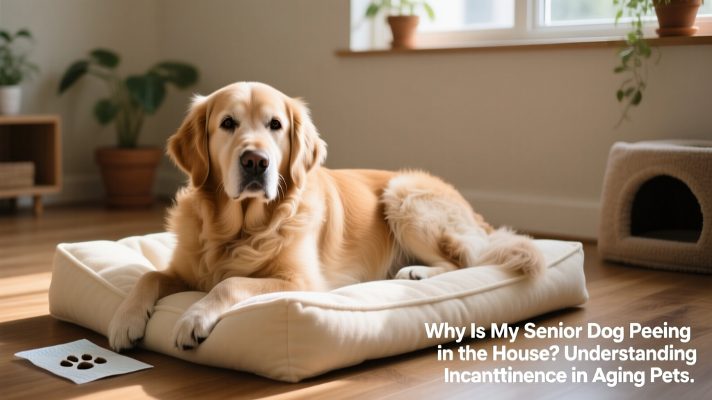Senior golden retriever resting calmly on a soft, dry dog bed with a pee pad nearby